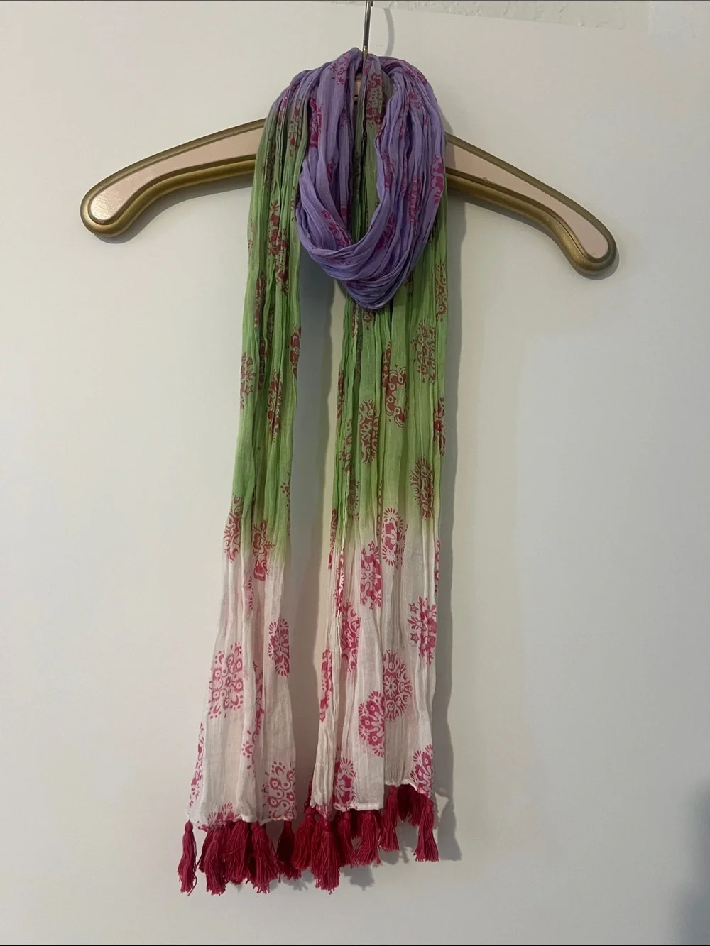 Sudha Purple, Green & White Ombre Scarf with Pink Tassels Beautiful!!